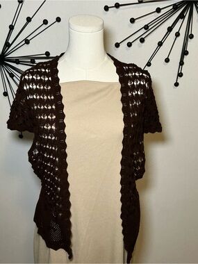 Fashion Bug Brown Crochet Open Knit Cardigan Short Sleeve Size Medium